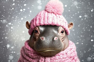 cute baby hippo in pink knitted hat and scarf on winter background, holiday pet wallpaper, christmas