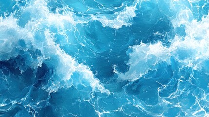 Aerial view of blue ocean water with white foam waves.