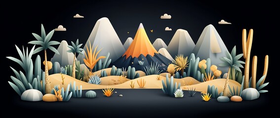 Poster - Abstract minimalist landscape illustration featuring stylized mountains and foliage against a dark background