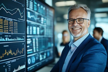 Poster - Confident businessman in modern office, smiling at camera. Multiple data screens displaying analytics and financial graphs. Professional success and technology concept.