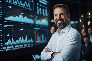 Aufkleber - Confident businessman in a white shirt smiles in front of digital screens showing charts and graphs, representing data analysis and financial growth in a modern office environment.