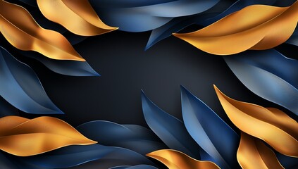 Poster - Elegant abstract background featuring gold and navy leaf shapes with a dark center, perfect for creative design projects or modern presentations.