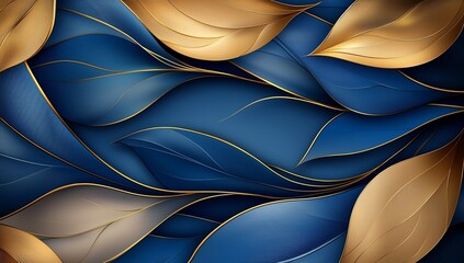 Poster - Elegant abstract design with flowing waves and leaf patterns in rich blue and gold tones, perfect for background use in digital projects, offering a sense of luxury and sophisticat