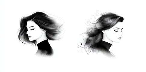Poster - Elegant monochrome illustration featuring two female profiles with flowing hair