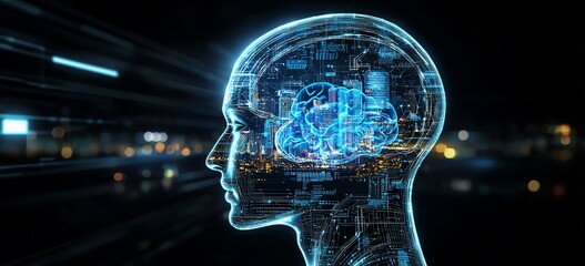 Poster - Futuristic digital illustration of a human head profile with integrated circuits and data flow, representing artificial intelligence and advanced technology concepts.
