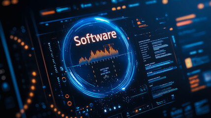 Poster - Futuristic digital interface featuring software analytics and data visualization with glowing elements and complex patterns, highlighting modern tech advancements and innovation.