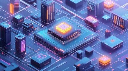 A futuristic city with buildings and a central processor as the heart.