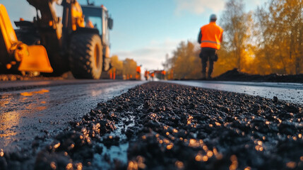 Freshly Laid Asphalt Road Construction Closeup with Workers