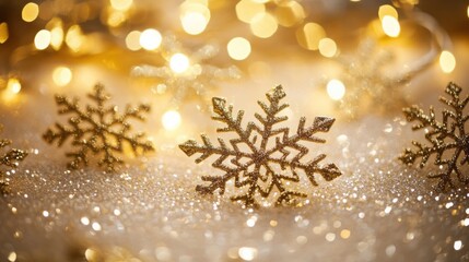 Aufkleber - Golden snowflakes glisten in soft light, surrounded by twinkling fairy lights. The arrangement creates a warm, enchanting atmosphere ideal for celebrating winter festivities with joy.