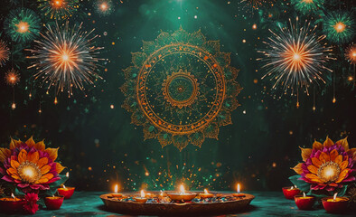 Poster - Green background with a large circle and fireworks in the background
