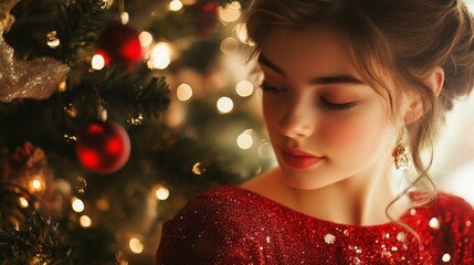 Poster - A young woman wearing a shimmering red dress gazes thoughtfully to the side while standing next to a beautifully adorned Christmas tree filled with lights and ornaments, embodying the festive spirit.