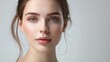 © mikeosphoto - Close-up of young woman with smooth skin, soft pink lips, and natural makeup. Loose hair gently frames her face, highlighting her serene expression and clear blue eyes against soft, neutral background