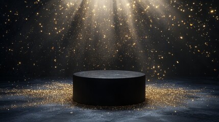 Aufkleber - A black, cylindrical podium stands in the center of the image, illuminated by a bright spotlight.