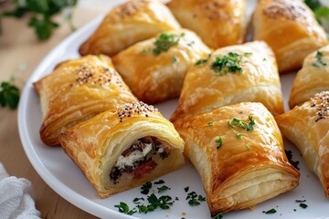 Freshly baked pastries with sesame and herbs on plate