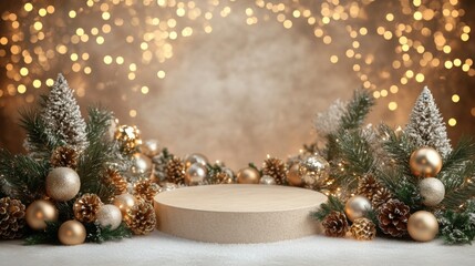 Leinwandbilder - A round wooden platform with a light brown finish sits in front of a blurred background of Christmas decorations.