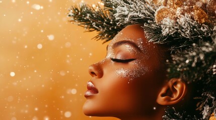 Poster - A close-up of a woman's face. She has glitter makeup on her face and is looking up with her eyes closed.