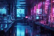 © Umi Sakina - A futuristic laboratory with glowing screens displaying data and lab equipment on the tables.