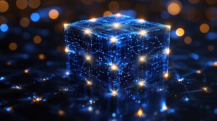 Glowing blue cube with circuit board pattern and bokeh lights in the background.