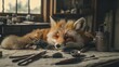 A fox delicately sleeps on a studio table surrounded by brushes, embodying a serene blend of nature and artistry.
