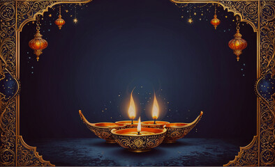Poster - Blue background with gold decorations and three lit candles
