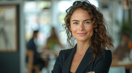 Wall Mural - A confident young woman with curly hair smiles at the camera, standing in a modern office setting with colleagues working in the background.