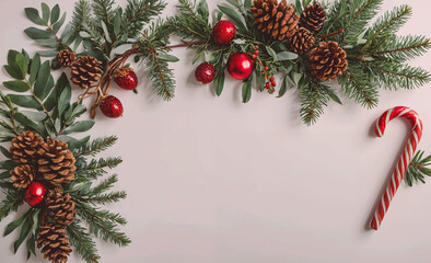 Fototapete - Red and white Christmas wreath with pine cones and berries
