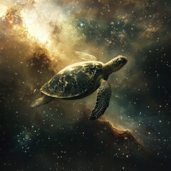 a sea turtle floats through a nebula in outer space.