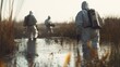 © VK Studio - Three individuals in hazmat suits wade through a marsh under a misty sky, evoking a scene of environmental vigilance and exploration.