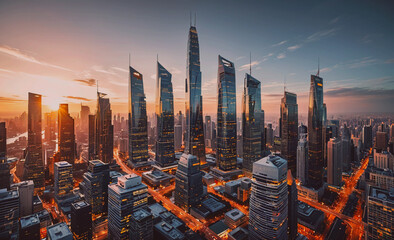 Poster - City skyline with many tall buildings and a sunset in the background