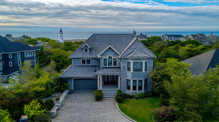 Wall Mural - Cape Cod oceanfront cottage with private lighthouse and sandy dunes, traditional New England seaside estate