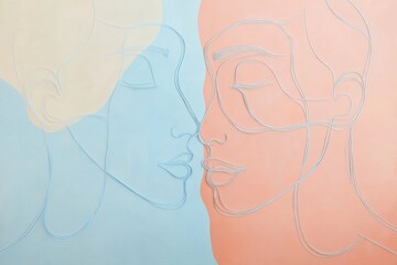 Poster - Two abstract silhouettes in soft pastels interact closely, conveying a sense of empathy and understanding through their minimalistic forms. Generative AI