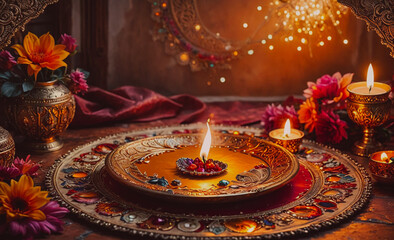 Poster - Table with a plate of candles and flowers