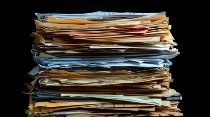 A large stack of papers and documents on a black background.