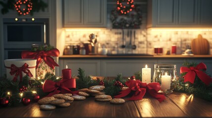 Aufkleber - A wooden table is decorated for the holidays with red bows, candles, and cookies. A garland of evergreen branches with red berries runs down the length of the table.