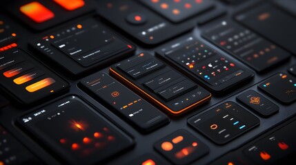 A collection of dark-themed mobile app interfaces with orange accents.