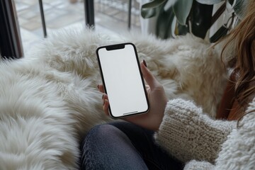 Wall Mural - Top view mockup image of a woman holding mobile phone with blank desktop screen