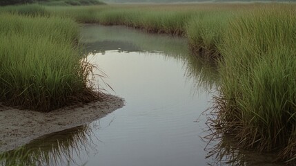 Wall Mural - Serene marshland with lush green grasses surrounds a tranquil waterway, capturing a peaceful and natural setting at dawn.