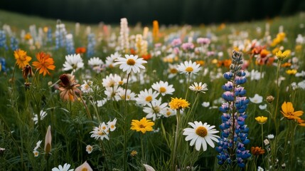 Wall Mural - A vibrant meadow blooms with colorful wildflowers under a bright sun, capturing nature’s lively spectrum and lush tranquility.