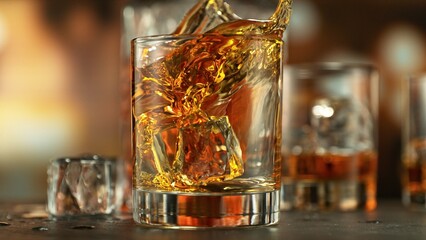Fototapete - An ice cube falls into a glass of poured whiskey causing a splash.