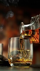 Fototapete - Pouring whiskey into glass full of ice cubes.