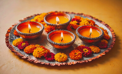 Aufkleber - Tray with four candles and orange flowers