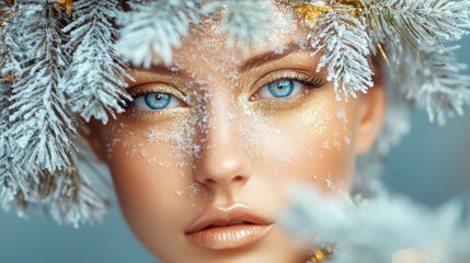 Aufkleber - A close-up portrait of a woman with blue eyes and a light complexion. Her face is partially obscured by a snowy pine branch, creating a wintery and ethereal atmosphere.