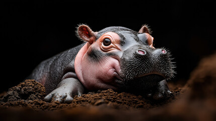 Wall Mural - close-up of a baby hippopotamus lying on brown soil with a dark background, highlighting its feature