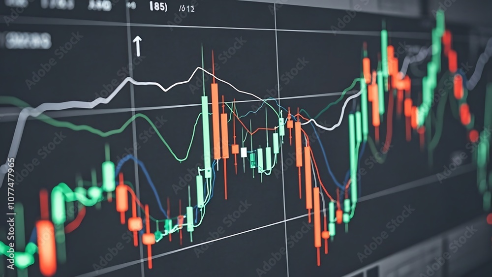 A dynamic stock market chart with fluctuating lines and candles - A ...