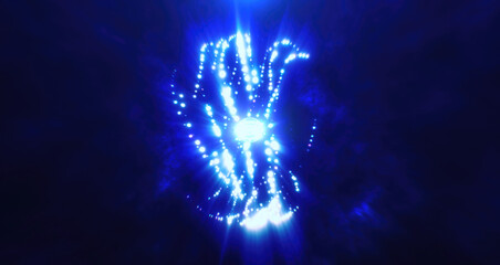 Poster - Blue light sphere in a dark space, symbolizing digital energy, futuristic technology, and a sense of mystery