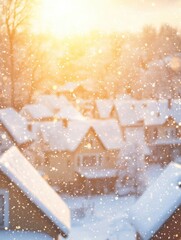 Poster - A cozy Christmas village lies covered in fresh snow, basking in the warm glow of a winter sunrise, evoking holiday cheer and serenity. Generative AI