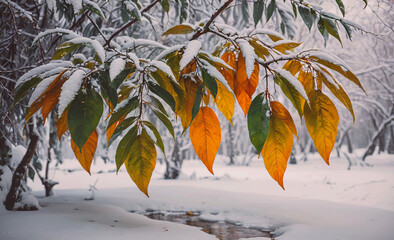 Poster - Branch with leaves and snow on it