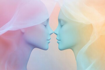 Poster - Two abstract silhouettes represent a deep connection, showcasing communication and empathy through soft pastel shades and gentle forms. Generative AI