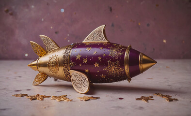 Poster - Gold and purple rocket ship with stars on it