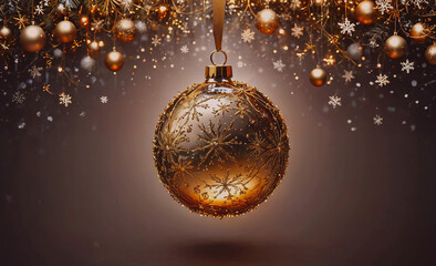 Poster - Gold colored Christmas ornament hanging from a tree